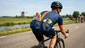Close-up van de overvolle achterzakken van een mannelijke wielrenner op zijn racefiets, volgepropt met talloze sportrepen en energiegels tijdens een rit in een Nederlandse polderlandschap.