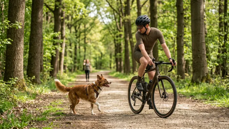 Mannelijke wielrenner op een gravelbike in het bos die afremt voor een loslopende hond.