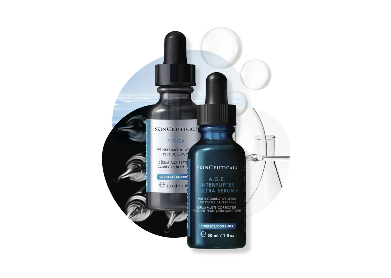A.G.E. INTERRUPTER ULTRA SERUM, 30 ML € 145, SKINCEUTICALS P-TIOX WRINKLE-MODULATING PEPTIDE SERUM, 30 ML € 155