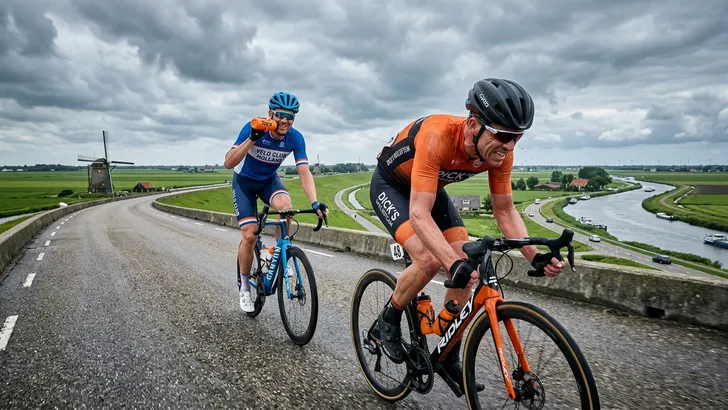 Actiefoto van twee wielrenners op een winderige Nederlandse dijk: de voorste zwoegt tegen de wind in, terwijl de achterste fietser relaxed in het wiel hangt en drinkt.