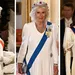 Koninklijke erfenis – Drieluik foto's van koningin Elizabeth, koningin Camilla en prinses Kate in witte galakleding.