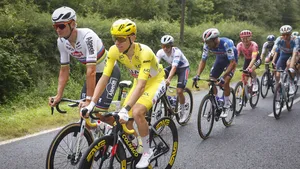 tadej pogacar en mathieu van der poel in het peloton