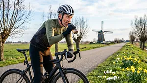 Een fitte mannelijke wielrenner van middelbare leeftijd pauzeert na zijn training, leunend op zijn fiets terwijl hij geniet van het uitzicht.