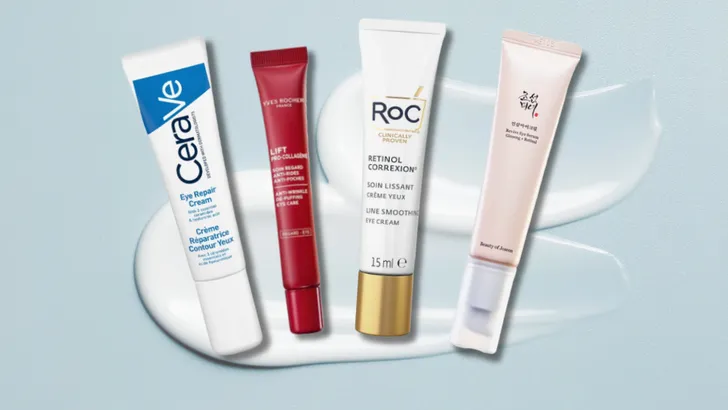 Collage van de vier beste oogverzorgingsproducten tegen een blauwe achtergrond met een smeersel crème.