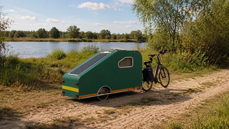 Groene minicamper met zonnepaneel achter een elektrische fiets aan een meer