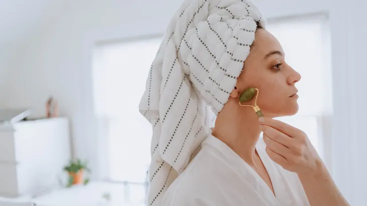 Woman using jade roller on her face at home