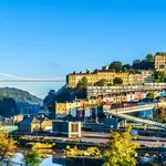 Clifton village and suspension bridge in Bristol at sunrise