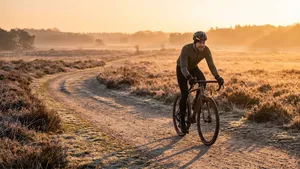 Een mannelijke wielrenner op een gravelbike geniet van de vrijheid op een zonnig, onverhard pad door de natuur.
