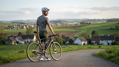 Een wielrenner in volledige uitrusting staat stil op een Limburgse heuvel en kijkt peinzend over het dal, als symbool voor de rustfase voor de Amstel Gold Race.
