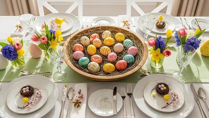 Mandje met kleurrijke, hardgekookte paaseieren op een paastafel