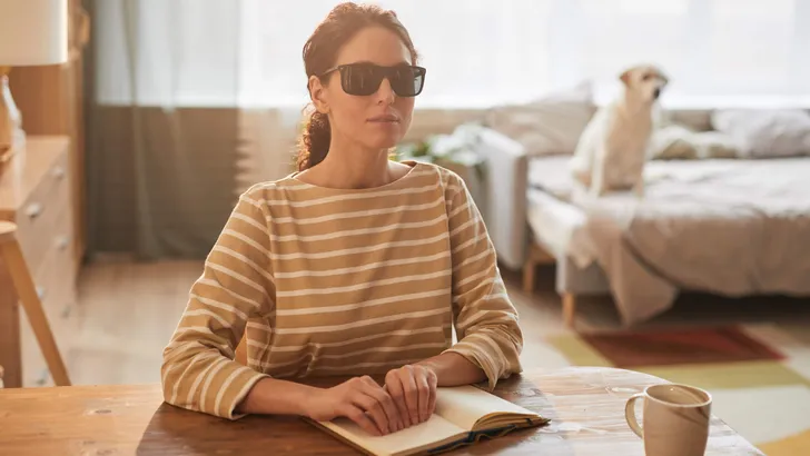 Blind Woman Reading Book at Home
