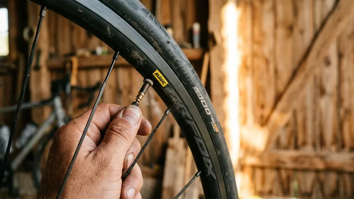 Een close-up van een hand die lucht laat ontsnappen uit het Presta-ventiel van een racefietsband, met een sfeervolle, door warm zonlicht verlichte houten schuur op de achtergrond.