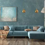 Interior of living room with blue sofa 3d rendering