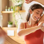 Happy young woman using roll on deodorant