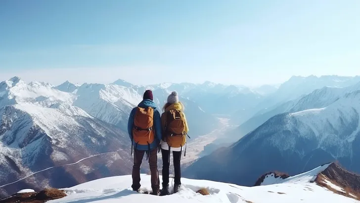 Couple with backpacks hiking in snowy mountains enjoying mountain view in winter.