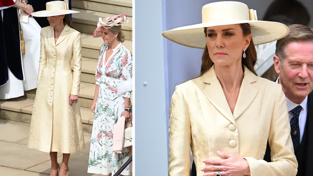 Garter Day 2025: Prinses Kate in haar outfit van Patrick McDowell met oorbellen van Robinson Pelham.