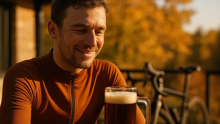 Wielrenner geniet in de herfstzon van een glas donker herfstbockbier na het fietsen.
