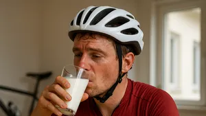 Leeggereden wielrenner in rood shirt drinkt thuis een glas magere melk na een trainingsrit.
