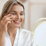 Closeup of cheerful beautiful adult lady applying eye cream