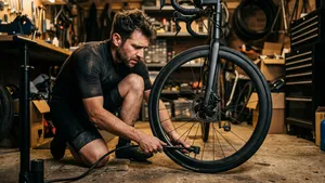 Een fietser zonder helm probeert gefrustreerd zijn tubeless band op te pompen met het ventiel aan de onderkant van het wiel.