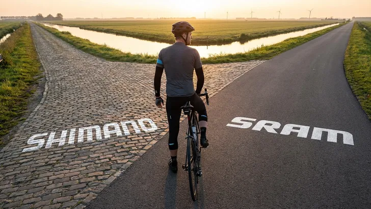 Een wielrenner staat op een splitsing in de weg, kijkend naar de rechter weghelft waar 'SRAM' op het nieuwe asfalt is geschilderd, terwijl de linker, gebarsten weghelft het woord 'Shimano' toont.