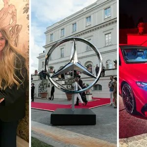 Drieluik foto's van bezoek aan Mercedes-Benz evenement in Rome.