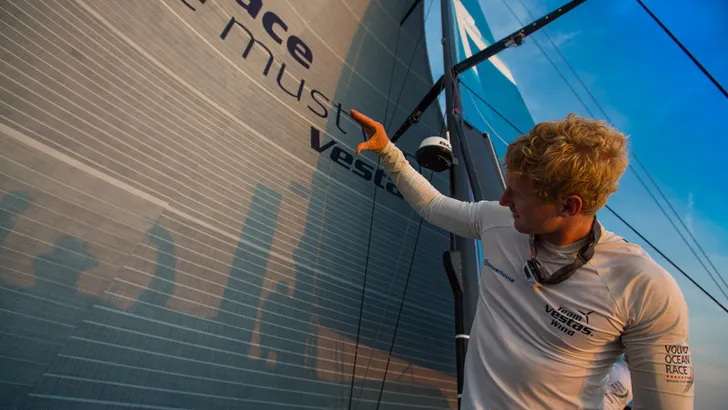June 8, 2015. Leg 8 to Lorient onboard Team Vestas Wind. Day 1. Peter Wibroe creates shadow puppets…