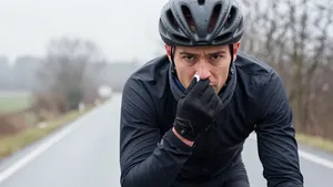 Close-up van een solo wielrenner op een koude, grijze dag die tijdens het fietsen met een handschoen zijn neus afveegt, duidelijk verkouden maar vastberaden op een lege weg.
