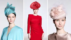 Drieluik foto's van modellen met hoeden uit de nieuwe 'Sculpted Lines' collectie van Fabienne Delvigne, een favoriete ontwerper van koninginnen Máxima en Mathilde.