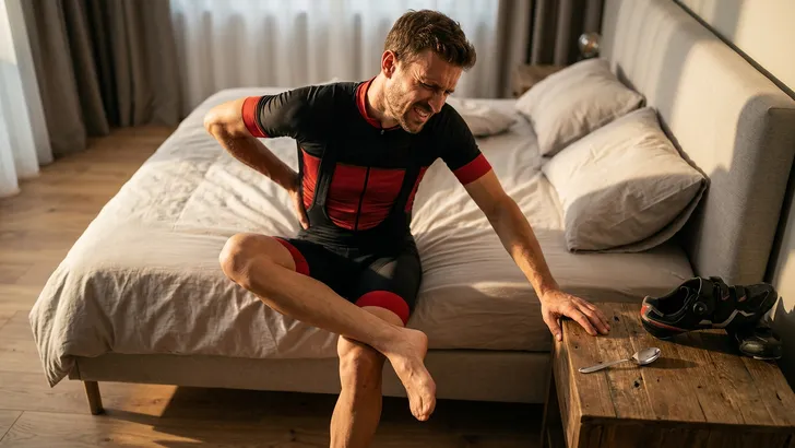 Een mannelijke wielrenner zit na het fietsen op de rand van zijn bed en wrijft over zijn pijnlijke onderrug, terwijl op het nachtkastje een lepel klaarligt.