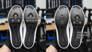 Close-up van de onderkant van een wielrenschoen waarop met lijnen het verschil wordt getoond tussen de normale positie van een schoenplaatje en de extreme 'Pogačar-positie' verder naar achteren.