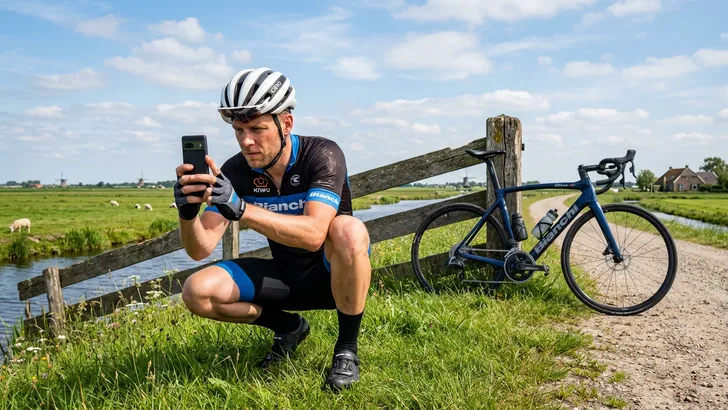 Een ijdele wielrenner hurkt langs de kant van de weg om vol opperste concentratie een foto van zijn geparkeerde racefiets te maken met zijn smartphone.