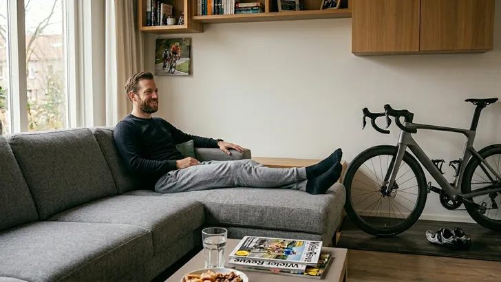 Een man ligt ontspannen op de bank, met wielertijdschriften en een racefiets in zijn woonkamer.