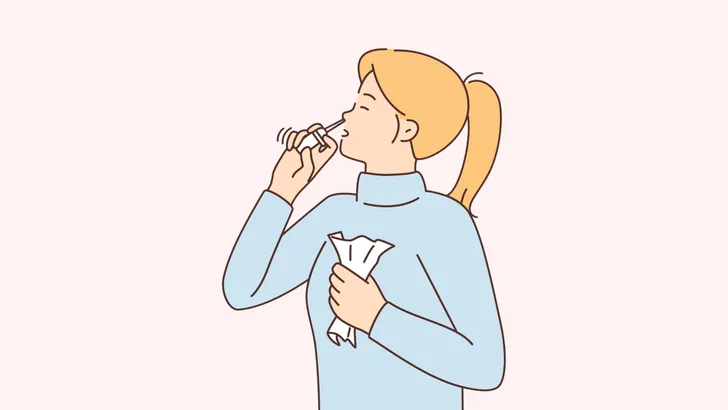 illustratie van een vrouw die haar neus sprayt omdat ze verkouden is