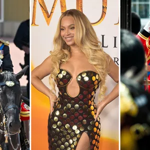 Drieluik foto's van links prinses Anne, midden Beyoncén en rechts koning Charles.