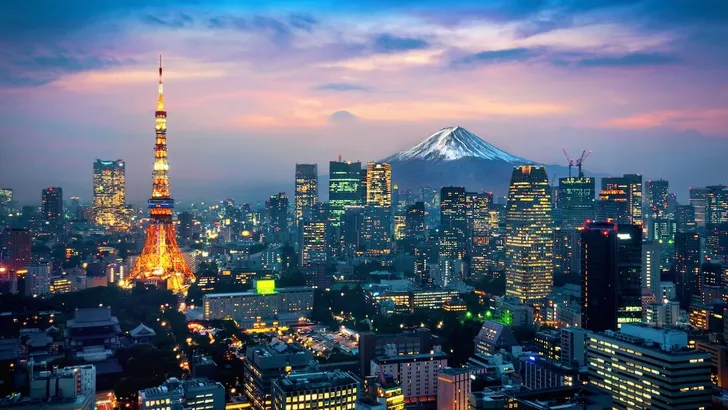 Aerial view of Tokyo cityscape with Fuji mountain in Japan.