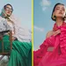 Vrouwen in fashion shoot  met gekleurde outfits met ruches, stroken en kant in groen, blauw en roze