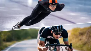 Split-screenbeeld van een schaatser in diepe houding op het ijs en een wielrenner laag op de fiets, beide met focus en kracht in actie.