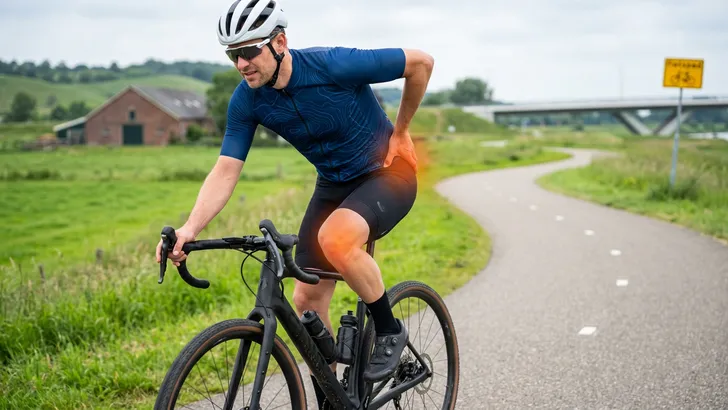 Een wielrenner in actie met een visuele rode gloed op zijn knie die de pijn symboliseert, de focus ligt op de knie en de crankarm van de fiets.