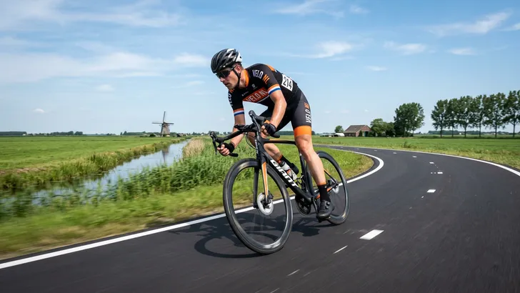 Een wielrenner met een helm op snijdt met hoge snelheid en de perfecte gewichtsverdeling een strakke bocht aan.c