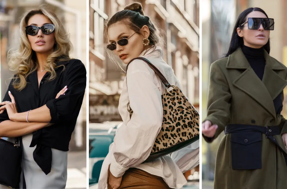 Perfecte zonnebril voor jouw gezichtsvorm. – Drieluik foto's van vrouwen met verschillende modellen zonnebril.
