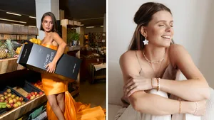 Zomerse essentials volgens Beau Monde – Tweeluik foto's. Links een vrouw in zomerse look met de No More Milky Whites Tanning Set van Marc Inbane en rechts een vrouw met sieraden van ISSY.
