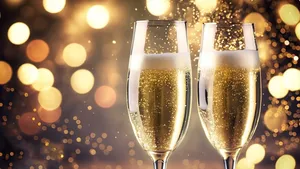 Two glasses of champagne with glitter lights bokeh background