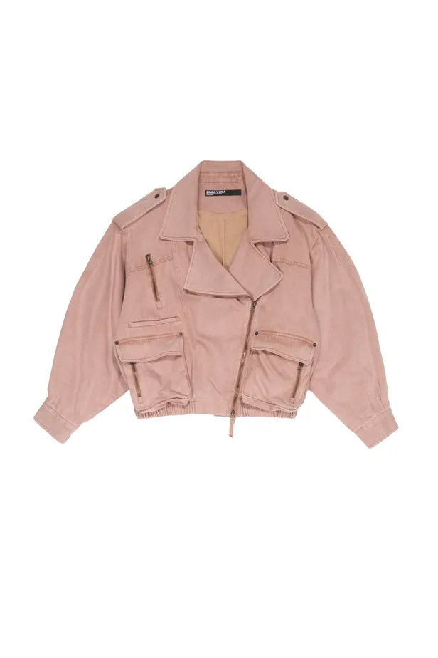 Peach-kleurig denim bikerjacket van Bimba Y Lola | €320