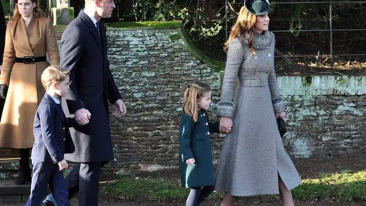 Duke &amp; Duchess of Cambridge leaving Sandringham Church after the Xmas Day service with Princess Charlotte and Prince George.