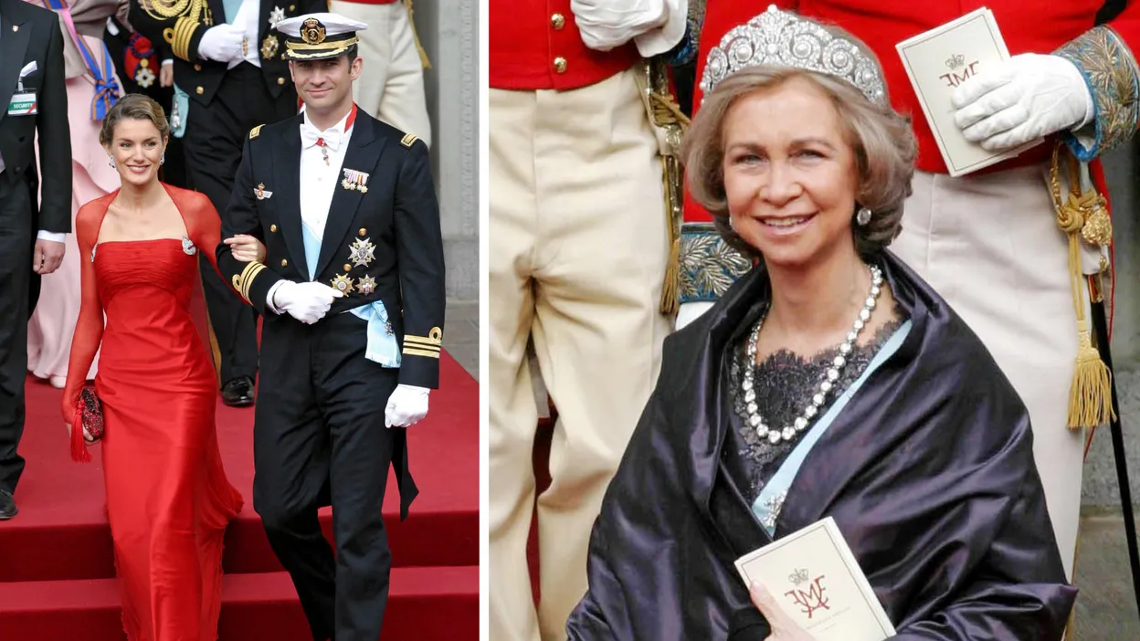Prinses Letizia, prins Felipe en koningin Sofía bij het huwelijk van Frederik en Mary van Denemarken, 2004.