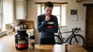 Een wielrenner staat peinzend in zijn keuken en twijfelt tussen een dure pot eiwitpoeder en een goedkoop, anoniem conservenblik als herstelvoeding na zijn training.