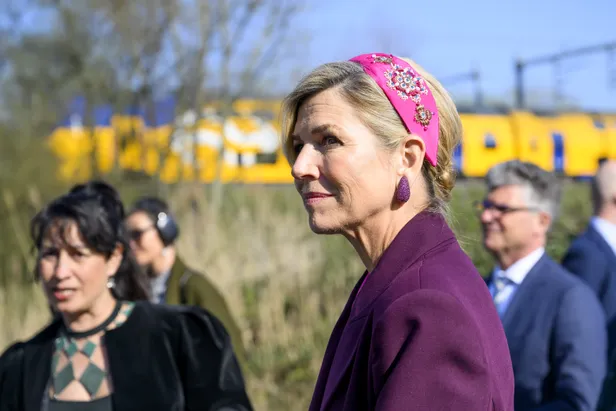 Máxima in paars pak van Zara en roze haarband van NamJosh.
