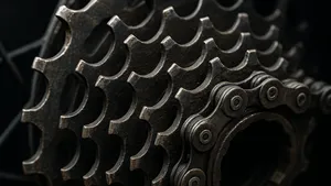 Close-up van een versleten racefiets-cassette met haaientandachtige slijtage en een ketting eroverheen.