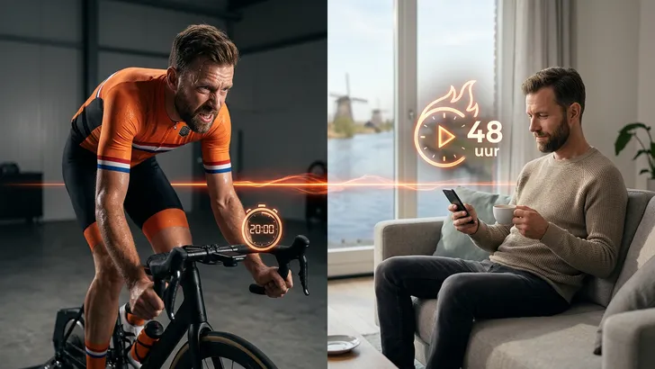 Split-screen afbeelding: links een wielrenner die 20 minuten intensief traint, rechts dezelfde man 48 uur later ontspannen op de bank, wat de naverbranding van de training symboliseert.